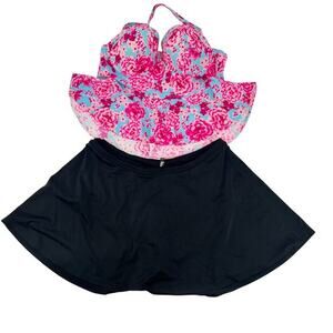 Torrid plus size floral pink & blue swimsuit bathing suit & black swim skirt 2X